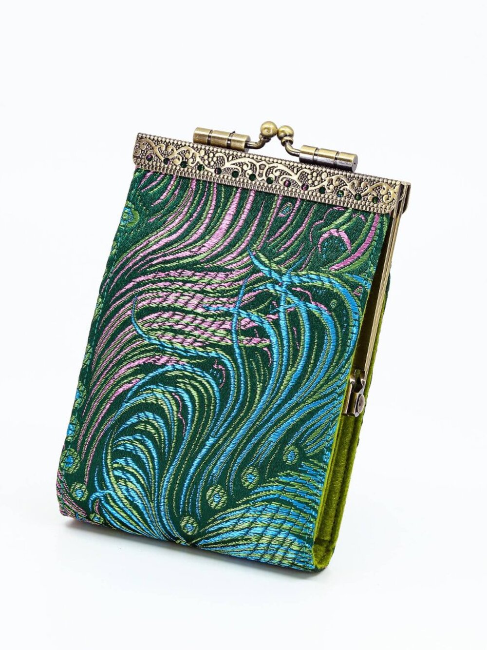 Peacock Brocade RFID Card Holder | Teal & Pink